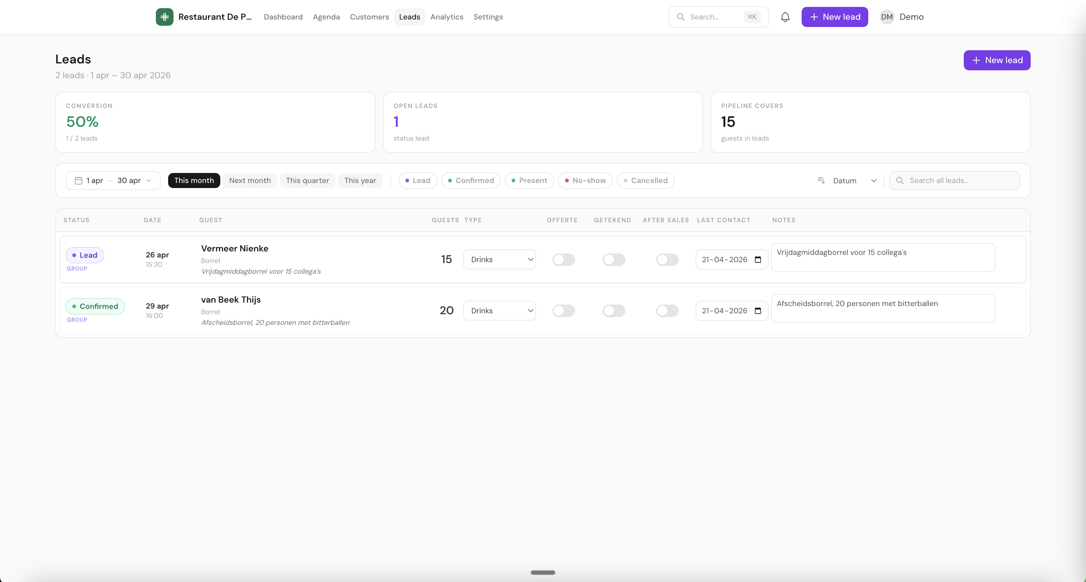 TableFlow mobile agenda with reservation list