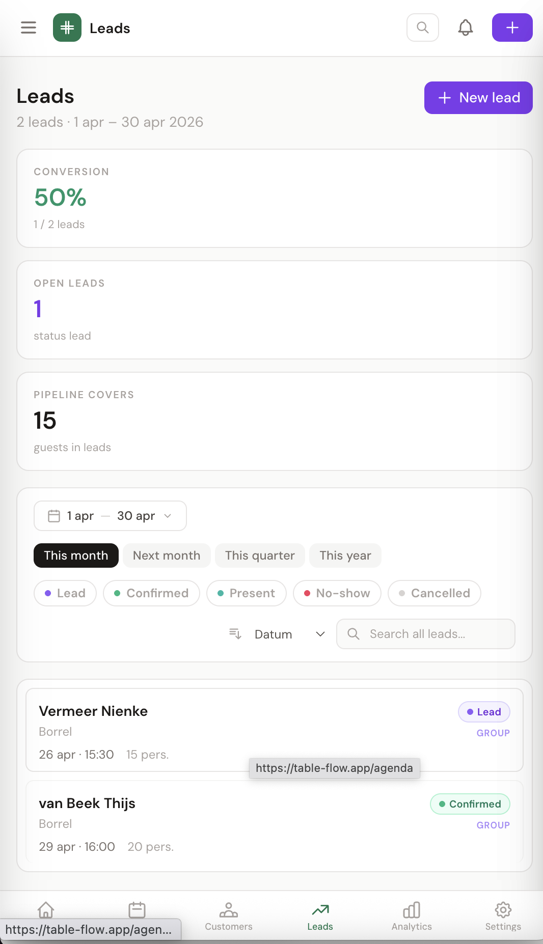 TableFlow mobile dashboard with KPIs and today's reservations