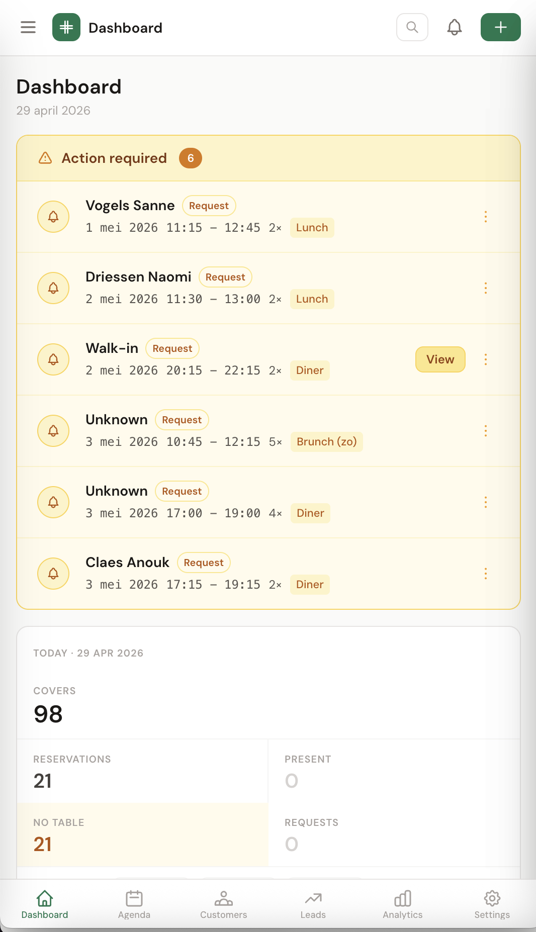 TableFlow mobile dashboard with action-required panel