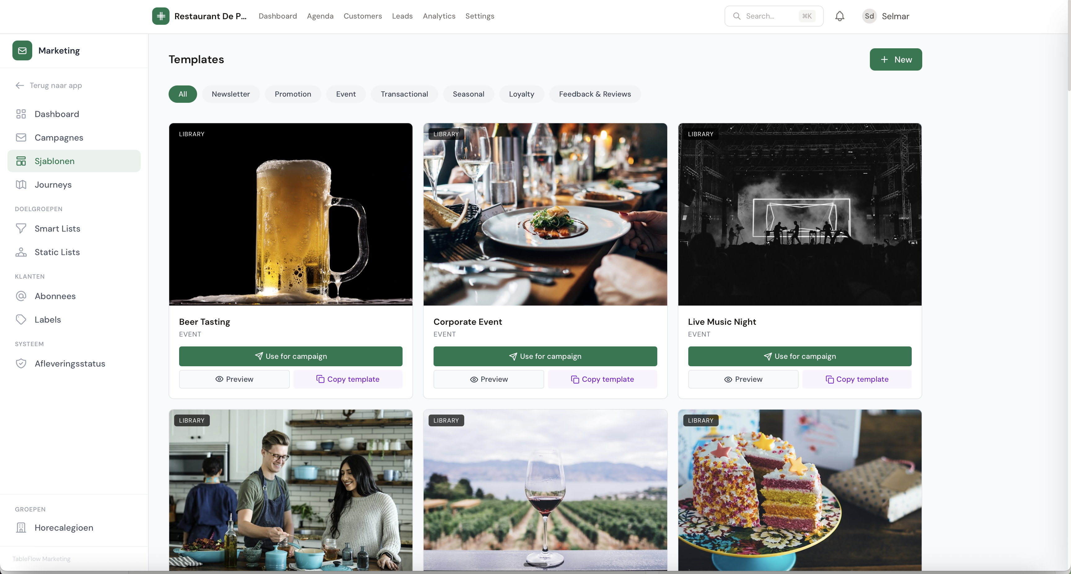 TableFlow Marketing template library with categories